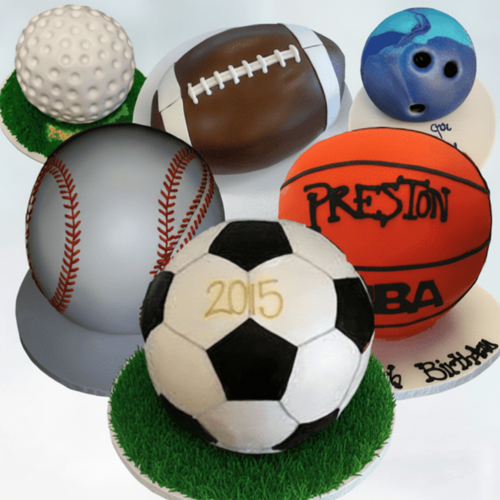Different Ball Shaped Cakes Includes Soccer, Baseball, Basketball, Football, Golf Ball, and Bowling Ball