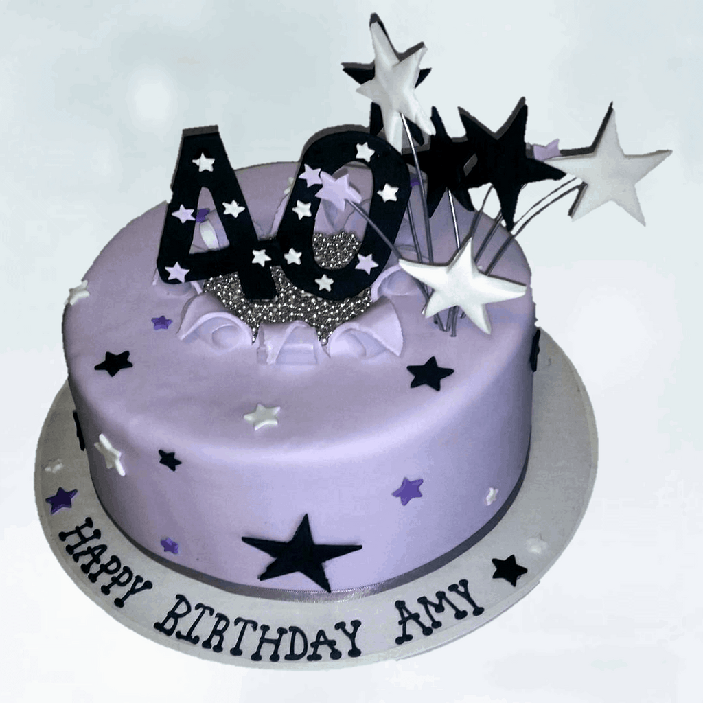Number 40 and stars burting through a lavender fondant covered cake with stars on the face of the cake