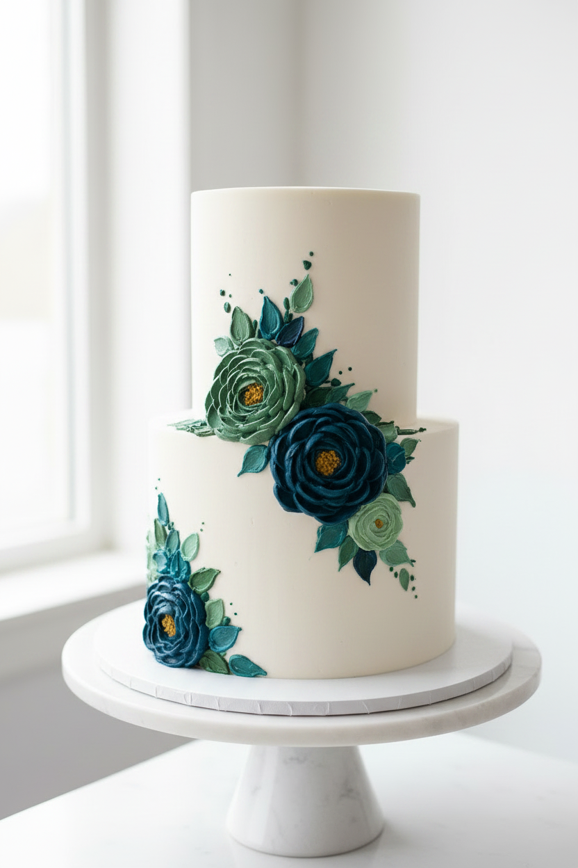 A two-tier cream cake decorated with large teal and green floral appliqués and leafy accents, displayed on a white round cake stand in a bright indoor setting.