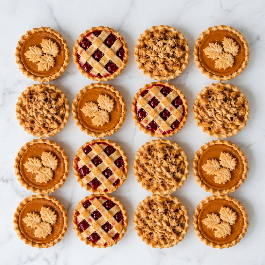 Assorted holiday tarts from The Makery Cake Co featuring spicy pumpkin tarts with pastry leaf decorations, cherry lattice tarts, and Dutch apple crumble tarts with golden streusel, perfect for Thanksgiving and Christmas celebrations in Centennial, Colorado.