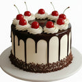 Chocolate cake with white frosting, cherries, and chocolate drizzle on a white background
