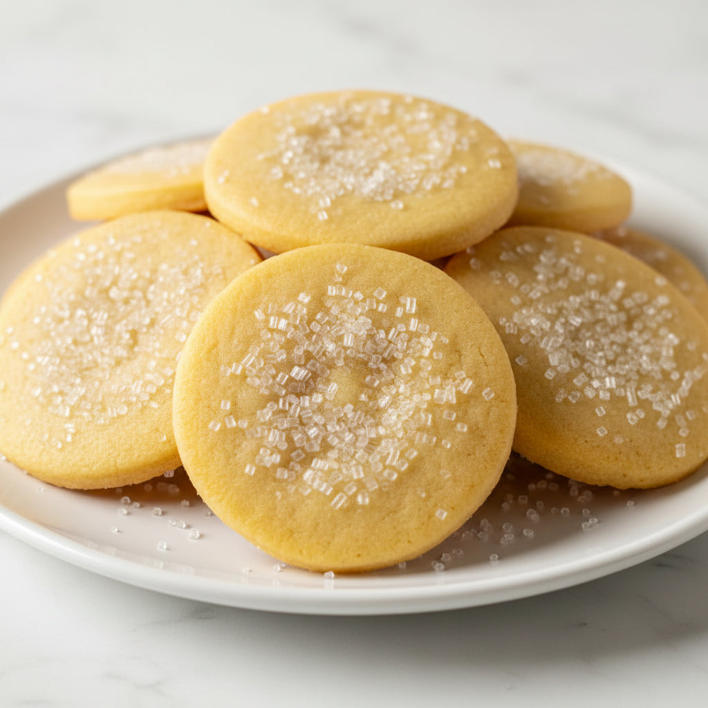Round cookies with a sugary coating on a white surface