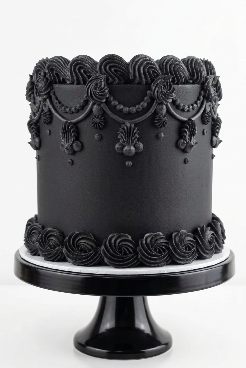 Elegant black Gothic cake with intricate Victorian-style buttercream piping, beaded swags, ornate decorative flourishes, and sculpted rosette borders on a black cake stand by The Makery Cake Co in Centennial, Colorado.
