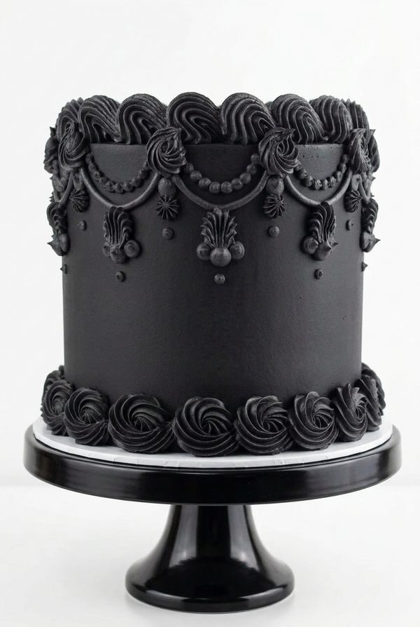 Elegant black Gothic cake with intricate Victorian-style buttercream piping, beaded swags, ornate decorative flourishes, and sculpted rosette borders on a black cake stand by The Makery Cake Co in Centennial, Colorado.
