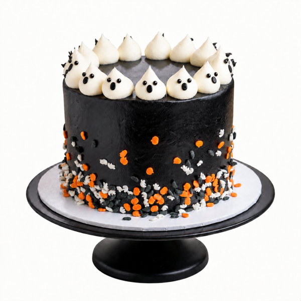 black cake with pumpkin, ghost, and bat sprinkles topped with white ghost buttercream poofs on a white board and black stand by The Makery Cake Co in Denver