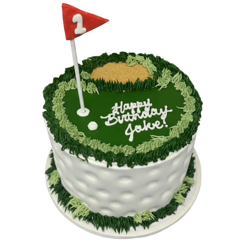 Golf-themed birthday cake with a number 2 flag on a white background