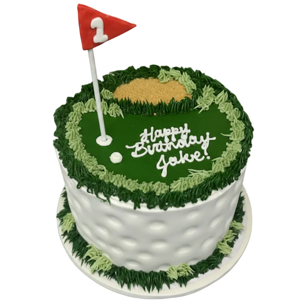Golf-themed birthday cake with a number 2 flag on a white background