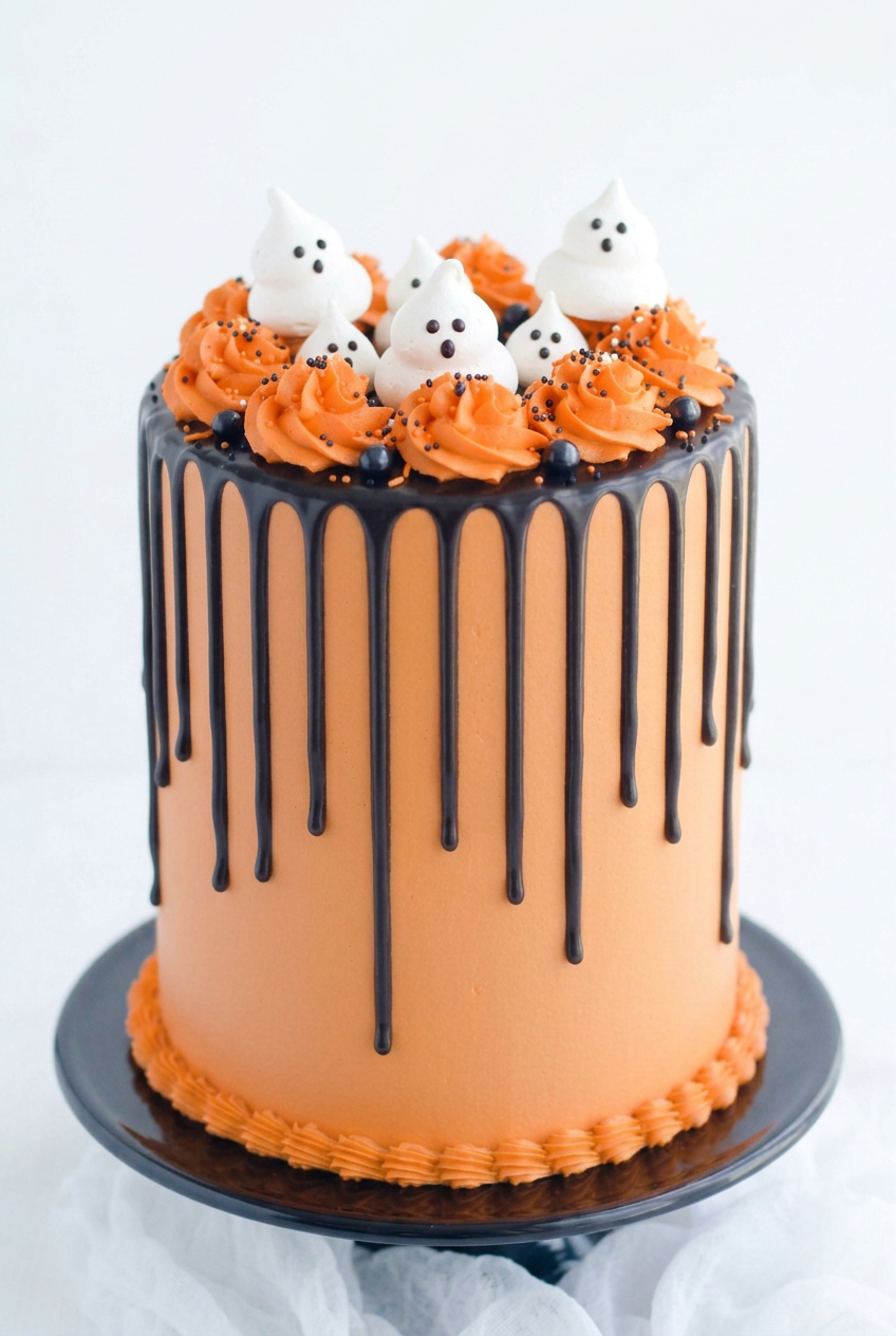 Halloween ghost drip cake with orange buttercream, dark chocolate ganache drips, white frosting ghosts, orange frosting swirls, and black Halloween sprinkles by The Makery Cake Co in Centennial, Colorado.