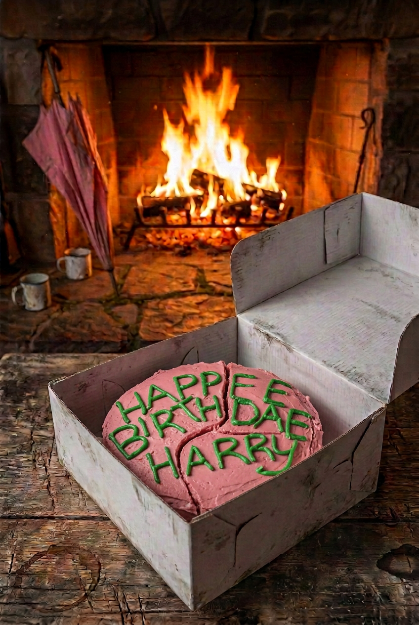 A round pink birthday cake on a white plate, decorated with green icing text reading 'HAPPEE BIRTHDAE HARRY', set on a dark wooden table 