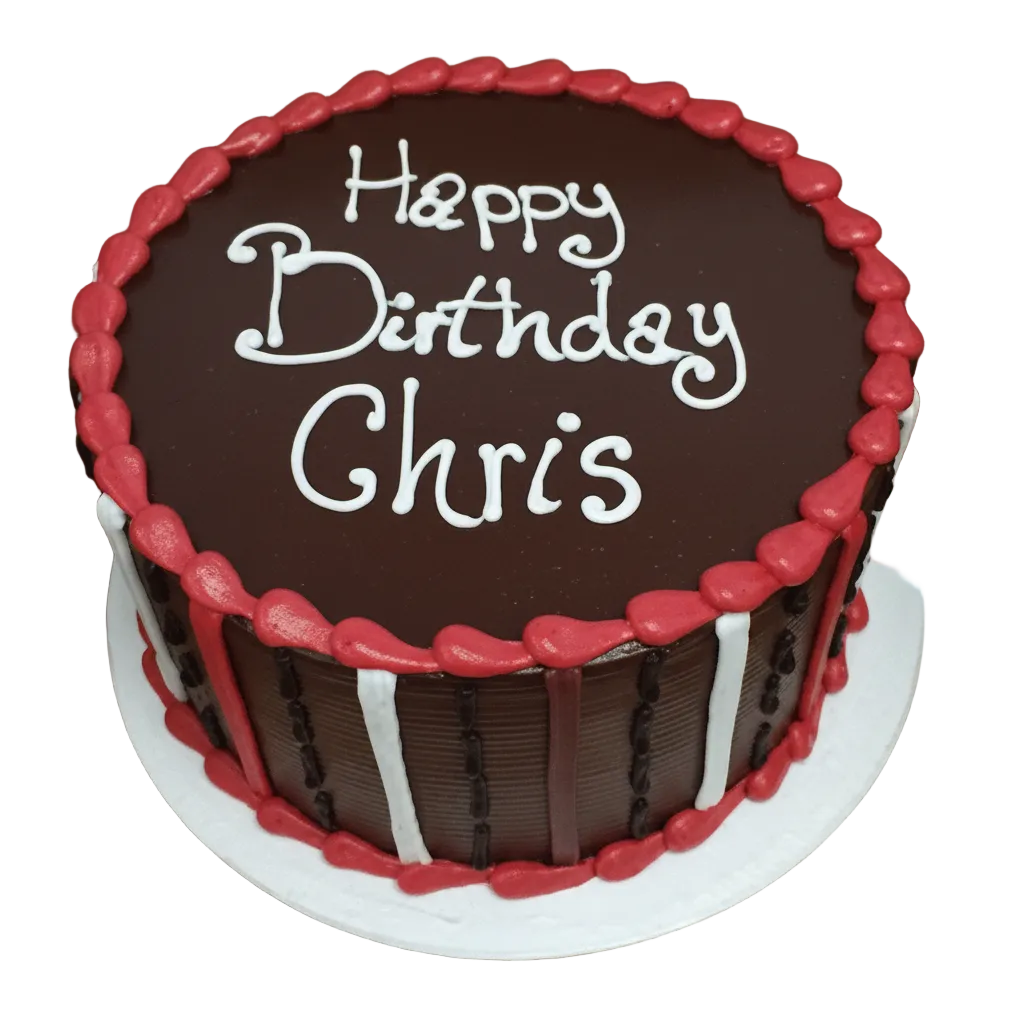 Man Cake, chocolate cake with various colored stripes on the side of the cake, topped with a special message