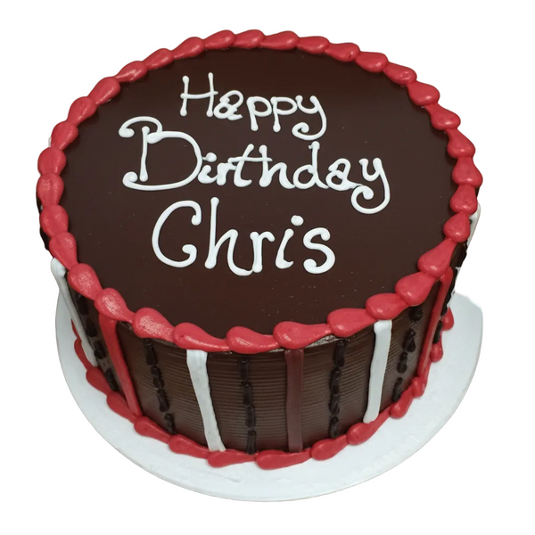 Man Cake, chocolate cake with various colored stripes on the side of the cake, topped with a special message
