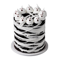 Black-and-white Halloween cake with white marshmallow webbing and playful buttercream ghost toppers, handcrafted by The Makery Cake Co in Denver.