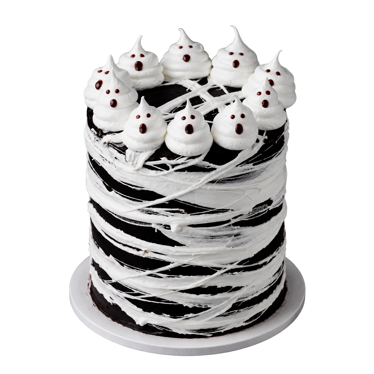 Black-and-white Halloween cake with white marshmallow webbing and playful buttercream ghost toppers, handcrafted by The Makery Cake Co in Denver.