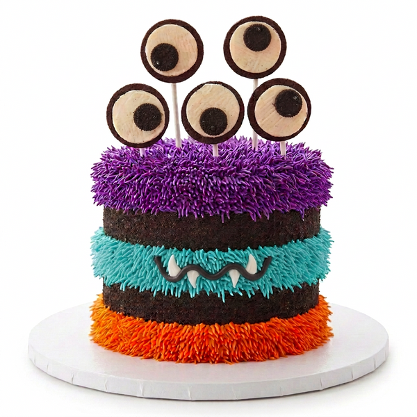 A Halloween-themed monster cake on a dark round platter, decorated with turquoise, brown, orange, and purple frosting stripes, a stitched smile, and five eye-shaped toppers on sticks by The Makery Cake Co in Denver.