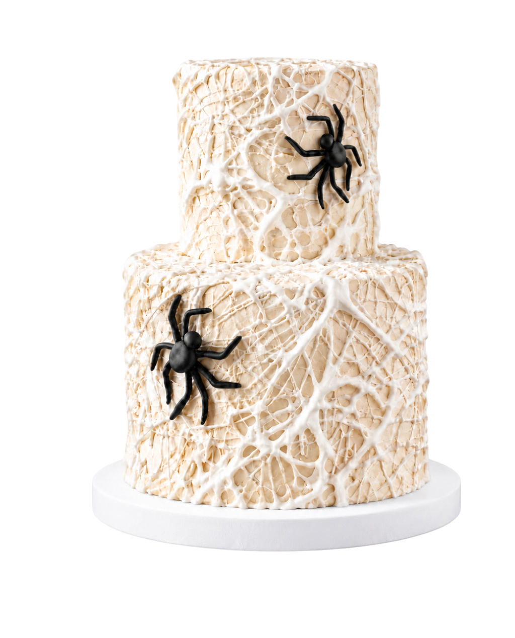 A Marshmallow web on a cream colored cake and plastic spiders stuck to the frosting by The Makery Cake Co in Denver
