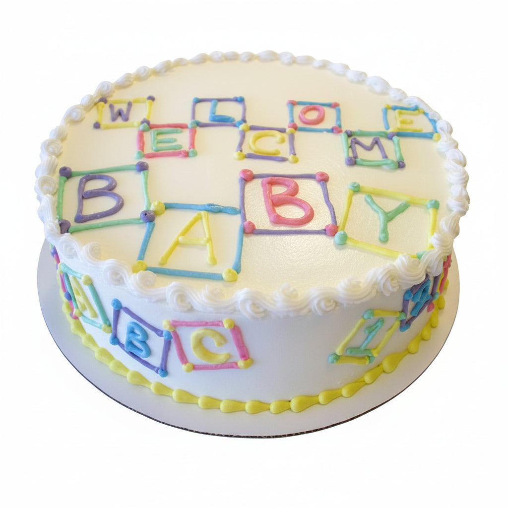 Baby Shower Cake With Buttercream Blocks piped on top and around the cake
