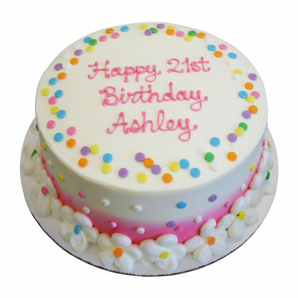 Birthday Cake airbrushed on the side with a sprinkle of Confetti and buttercream flower boarder