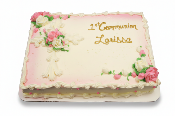 Decorative cake with pink flowers and '1st Communion Louissa' text on a white background