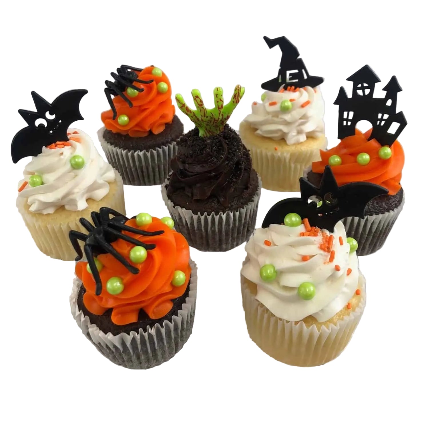Halloween cupcakes with plastic Spider, Bay, Ghost, Witch hat, and Zombie Hands picks
