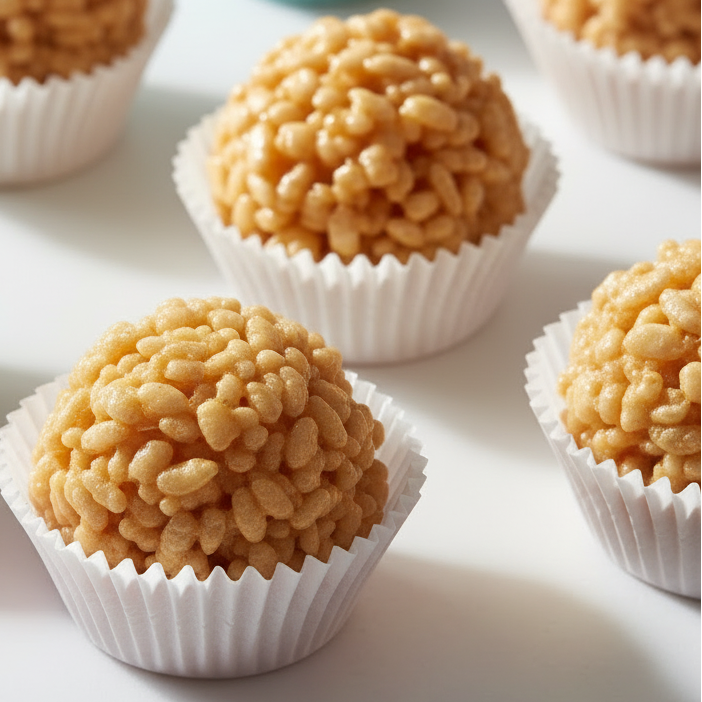 Crisp rice balls in white and light green cupcake liners on a white background