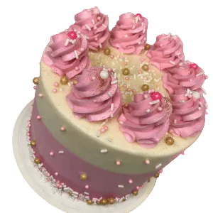 pink birthday cake with lots of frosting