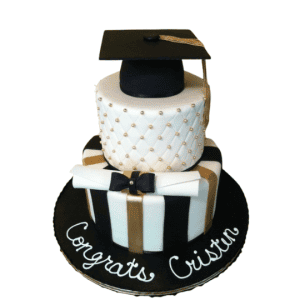 2 tiered cake with sculpted mortar board and sugar scroll